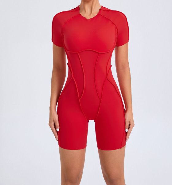Splicing thread exposed tight fitting short sleeved hollow jumpsuit