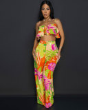 Printed fungus edge suspender wide leg two-piece set