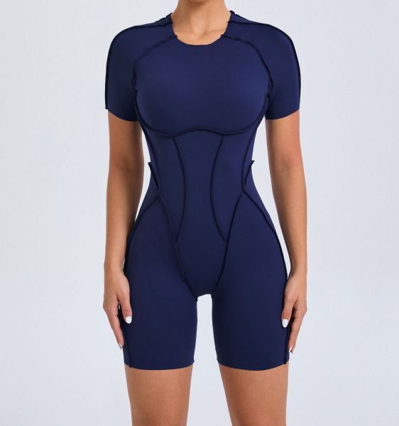 Splicing thread exposed tight fitting short sleeved hollow jumpsuit