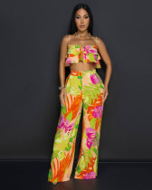 Printed fungus edge suspender wide leg two-piece set