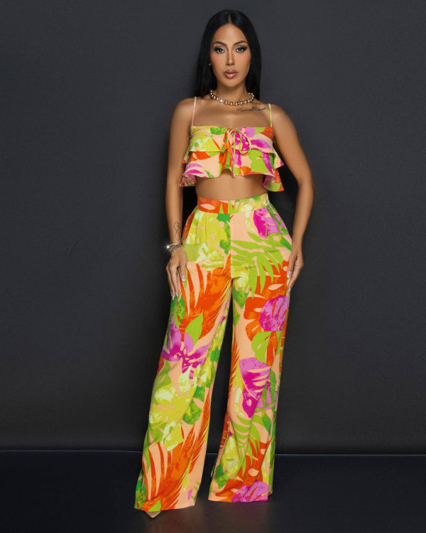 Printed fungus edge suspender wide leg two-piece set