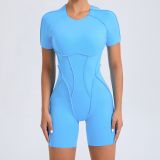 Splicing thread exposed tight fitting short sleeved hollow jumpsuit