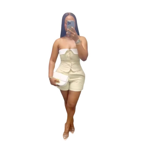 Color blocked lapel patchwork strapless two-piece set