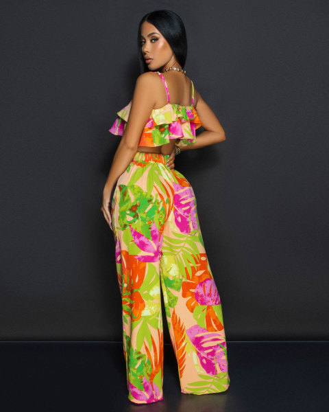 Printed fungus edge suspender wide leg two-piece set