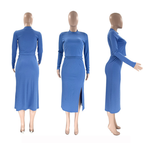 Solid color pit stripe round neck long sleeved women's two-piece set