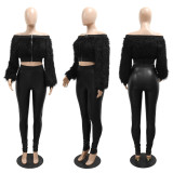One shoulder long sleeved short top and long pants two-piece set