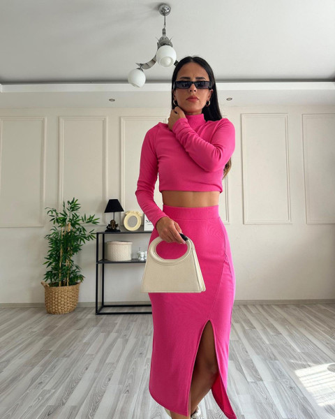 Solid color pit stripe round neck long sleeved women's two-piece set