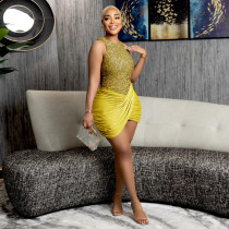 Sleeveless round neck irregular sequin short skirt