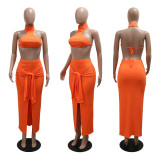 Stand up collar solid color waist tied sleeveless set