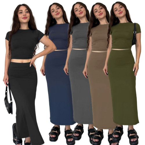 Solid color round neck short sleeved top and long skirt set
