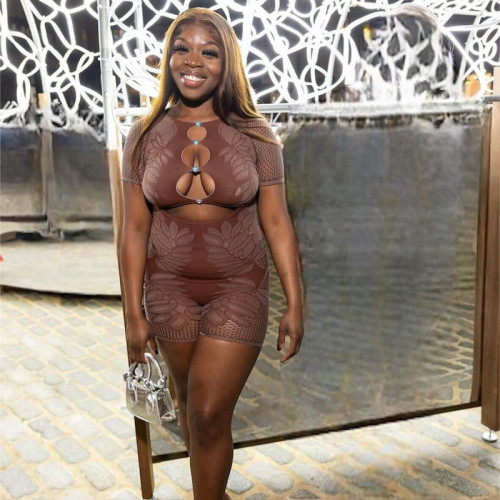 Round neck five quarter sleeve hollowed out one-piece knitted jumpsuit shorts