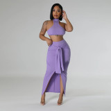 Stand up collar solid color waist tied sleeveless set