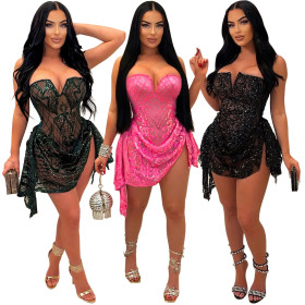V-neck strapless see through sequin dress
