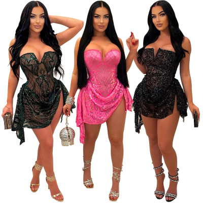 V-neck strapless see through sequin dress