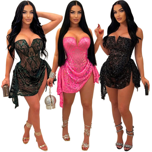 V-neck strapless see through sequin dress