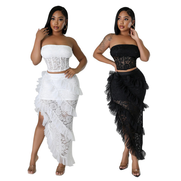 Sleeveless lace strapless top irregular half skirt two-piece set