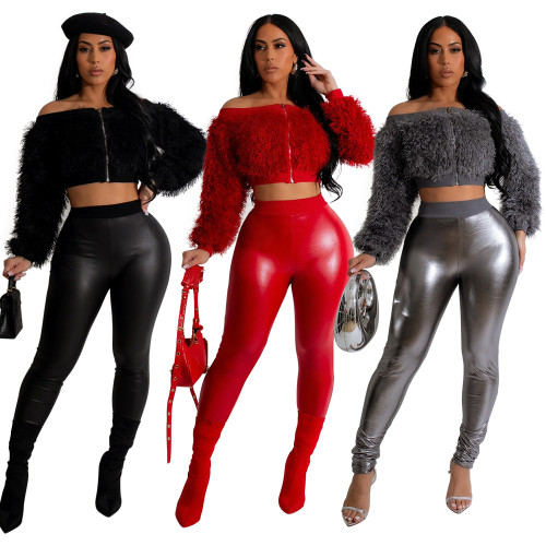 One shoulder long sleeved short top and long pants two-piece set