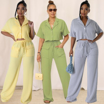 Short sleeved shirt collar top, long and wide leg pants set Short sleeved shirt collar top, long and wide leg pants set