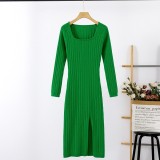 Long sleeved round neck slit knitted long dress