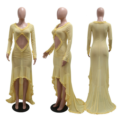 V-neck solid color perspective long sleeved dress