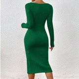 Long sleeved round neck slit knitted long dress