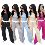 Round neck short sleeved wide leg sports suit