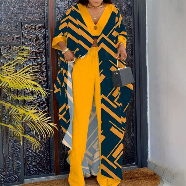 V-neck printed drawstring pants plus two piece set
