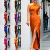 Single shoulder high waist front slit temperament dress