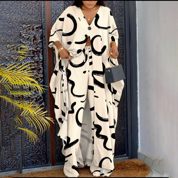 V-neck printed drawstring pants plus two piece set