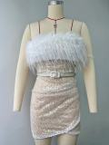 Sequin dress, one shoulder feather dress