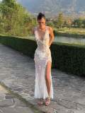 Deep V backless suspender mesh three-dimensional flower dress