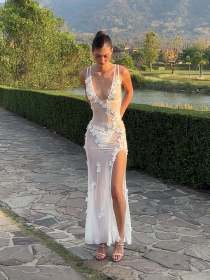 Deep V backless suspender mesh three-dimensional flower dress
