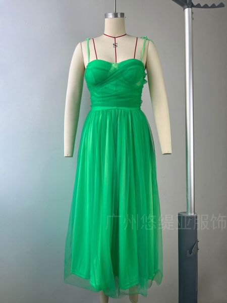 Strap Solid Color Bow Mesh Dress
