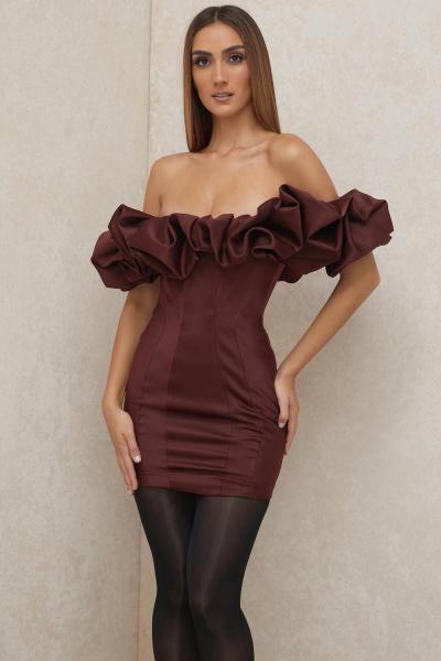 Strapless one shoulder fishbone ruffled dress with ruffled edges