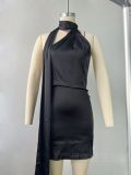 Adjustable neck hanging satin backless short skirt dress