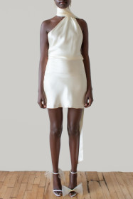 Adjustable neck hanging satin backless short skirt dress