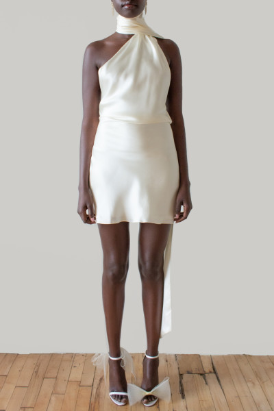 Adjustable neck hanging satin backless short skirt dress