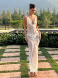 Deep V backless suspender mesh three-dimensional flower dress