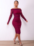 Long sleeved one shoulder pleated dress