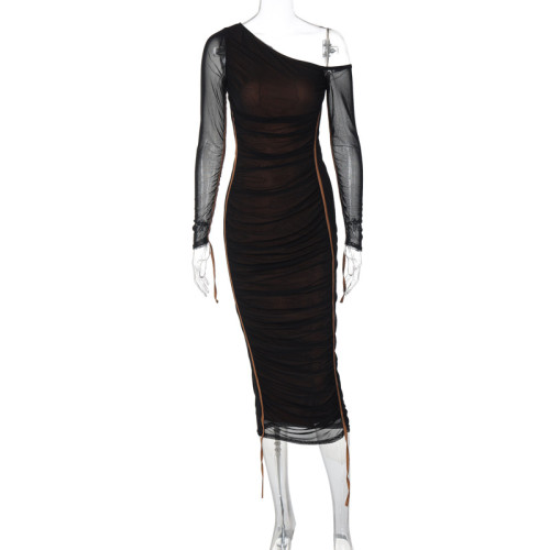Women's long sleeved mesh spliced diagonal shoulder mid length skirt