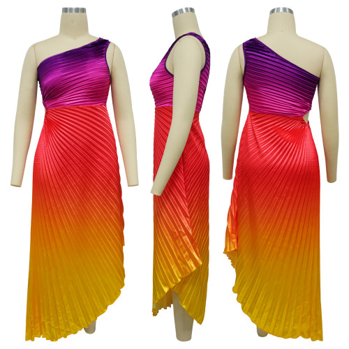 Women's printed slanted neck pleated dress