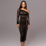 Women's long sleeved mesh spliced diagonal shoulder mid length skirt