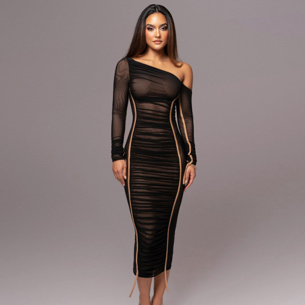 Women's long sleeved mesh spliced diagonal shoulder mid length skirt