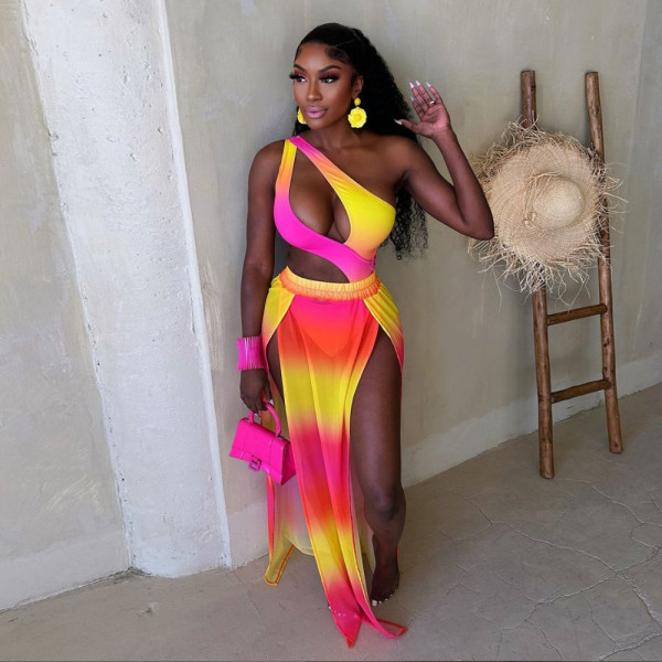 Women's slanted collar jumpsuit with high slit skirt