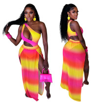 Women's slanted collar jumpsuit with high slit skirt