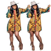 Printed long sleeved loose shirt skirt top Printed long sleeved loose shirt skirt top