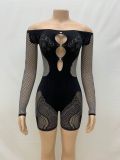 One shoulder strapless one-piece knitted long sleeved hollow jumpsuit shorts
