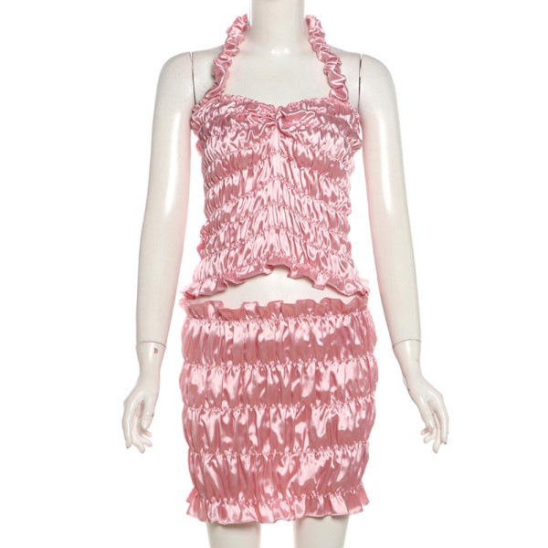 Folded neck hanging suspender vest, hip hugging short skirt set