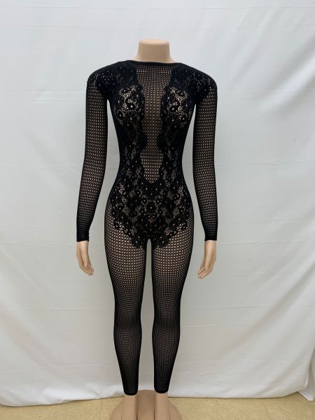 Round neck backless see through long sleeved one-piece knitted jumpsuit pants