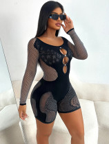 One shoulder strapless one-piece knitted long sleeved hollow jumpsuit shorts